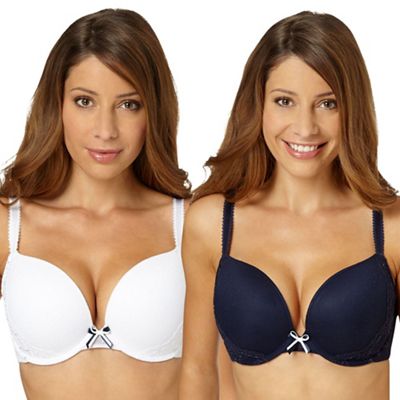 Pack of two navy and white embroidered push up bras